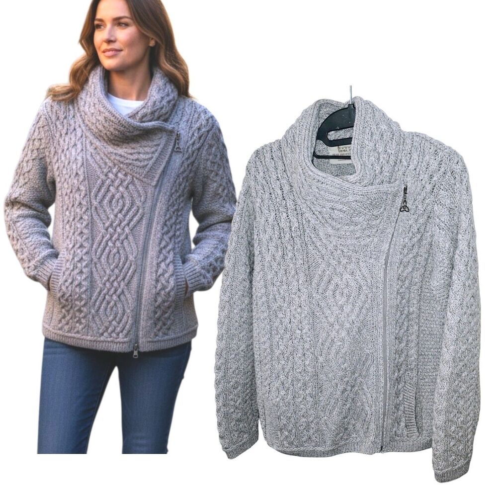 ARAN SWEATER MARKET Sz M 100% Merino Wool Gray Cable Knit Asymmetric Zip Sweater